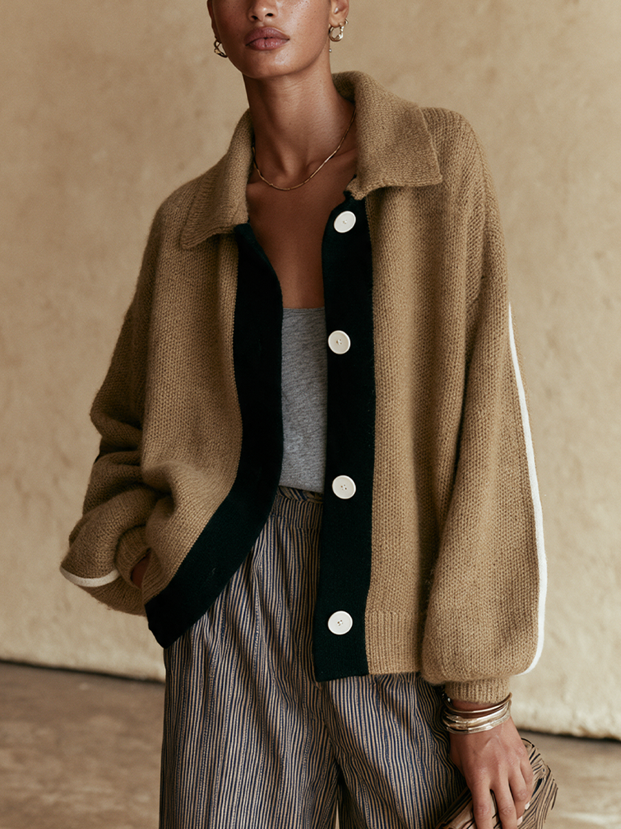 Women's Contrast Placket Casual Knit Cardigan