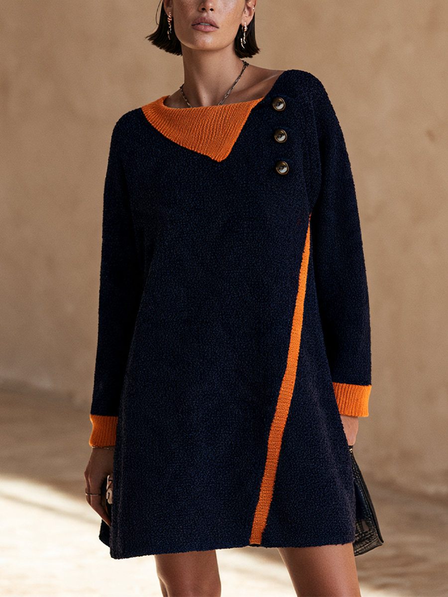 Women's Contrast Asymmetric Collar Minimalist Knit Mini Dress