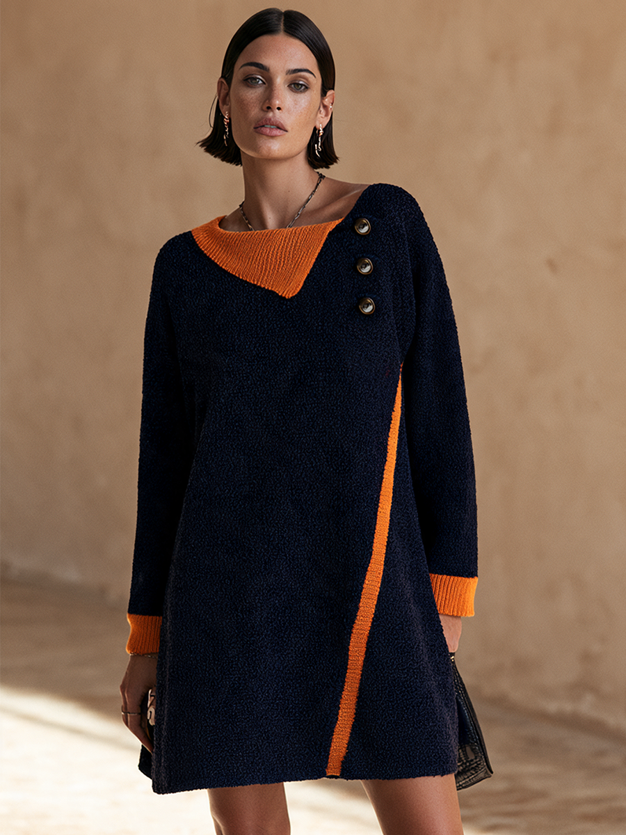 Women's Contrast Asymmetric Collar Minimalist Knit Mini Dress