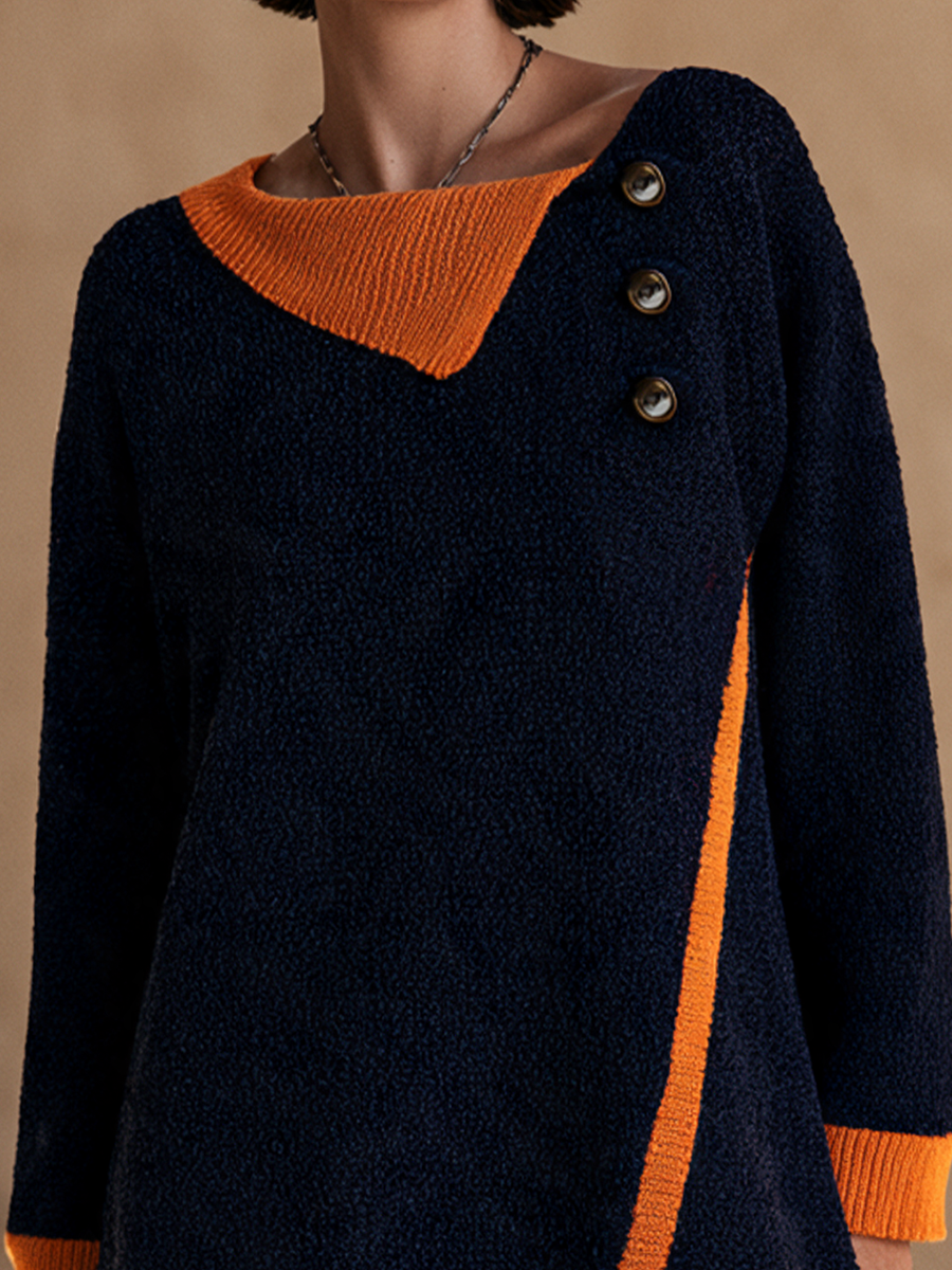 Women's Contrast Asymmetric Collar Minimalist Knit Mini Dress