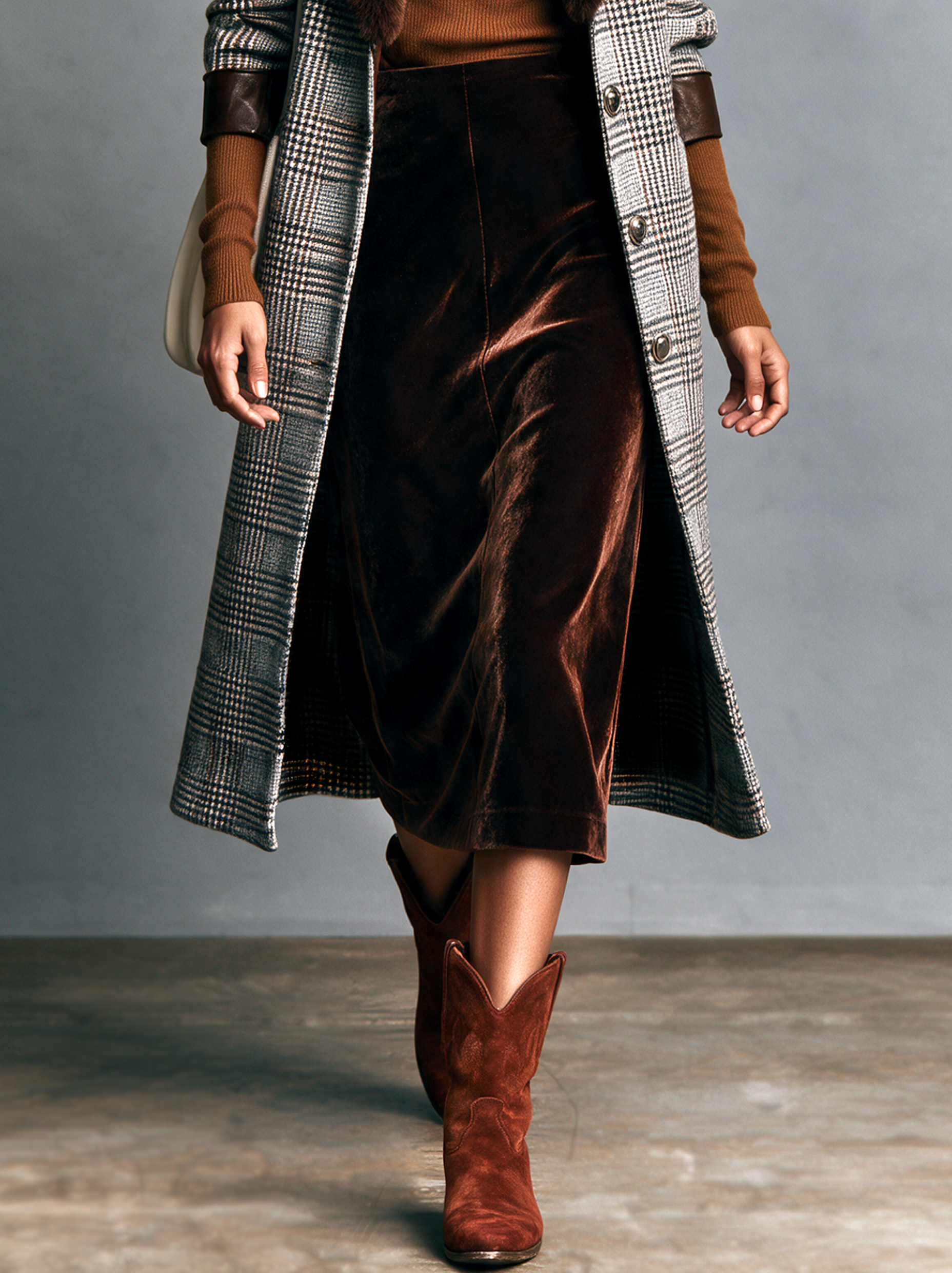 Women's Vintage Plaid Wool-Blend Coat With Leather Trim (Detachable Fur Collar)