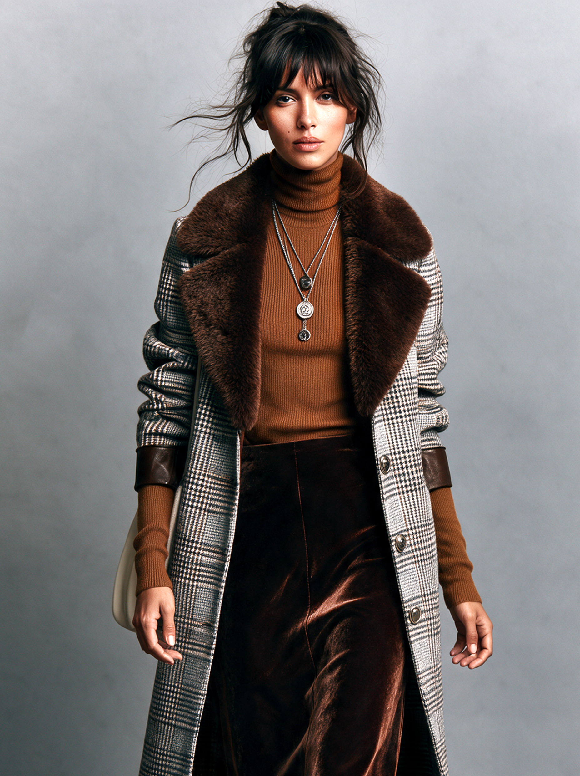 Women's Vintage Plaid Wool-Blend Coat With Leather Trim (Detachable Fur Collar)