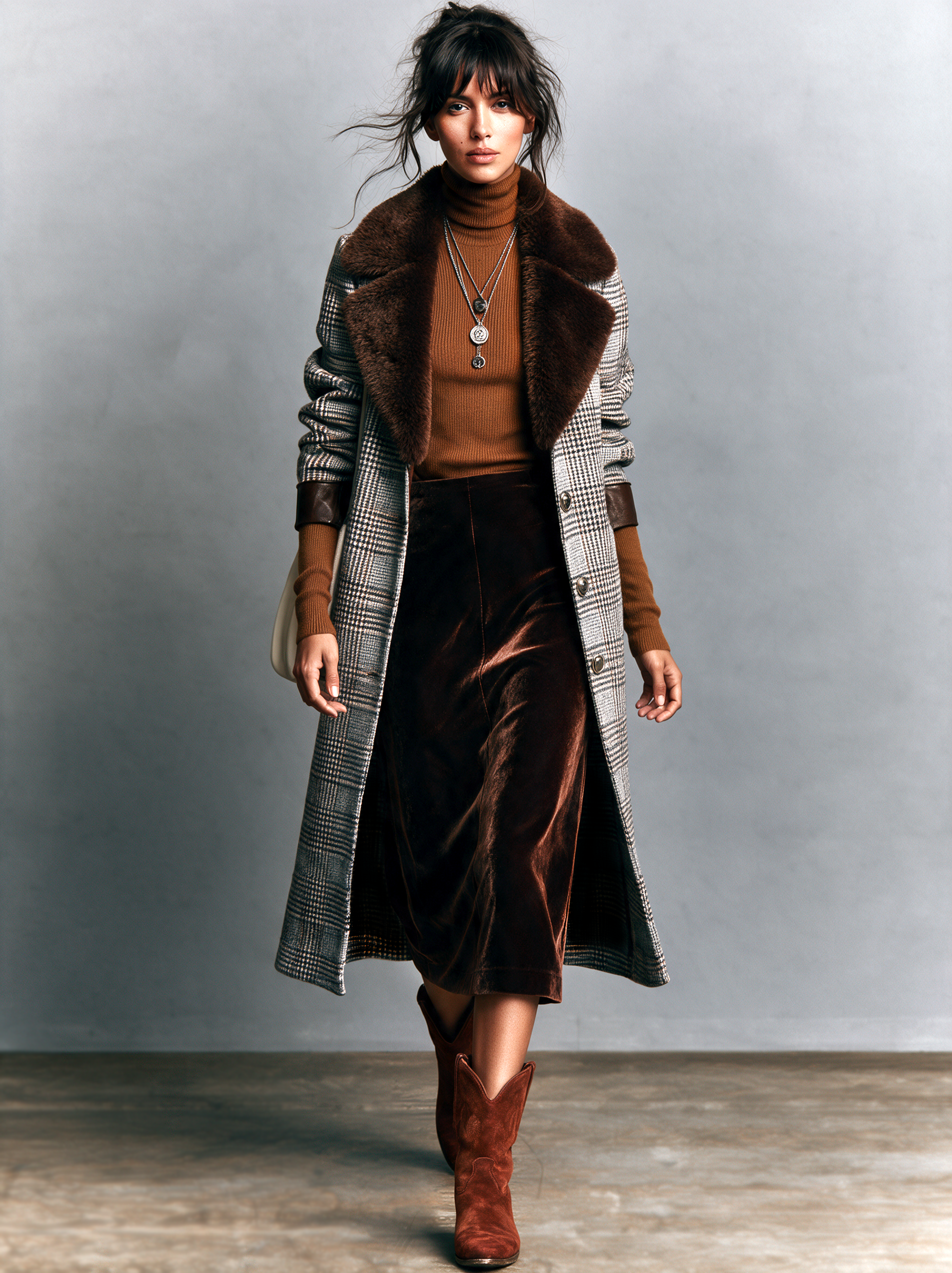 Women's Vintage Plaid Wool-Blend Coat With Leather Trim (Detachable Fur Collar)