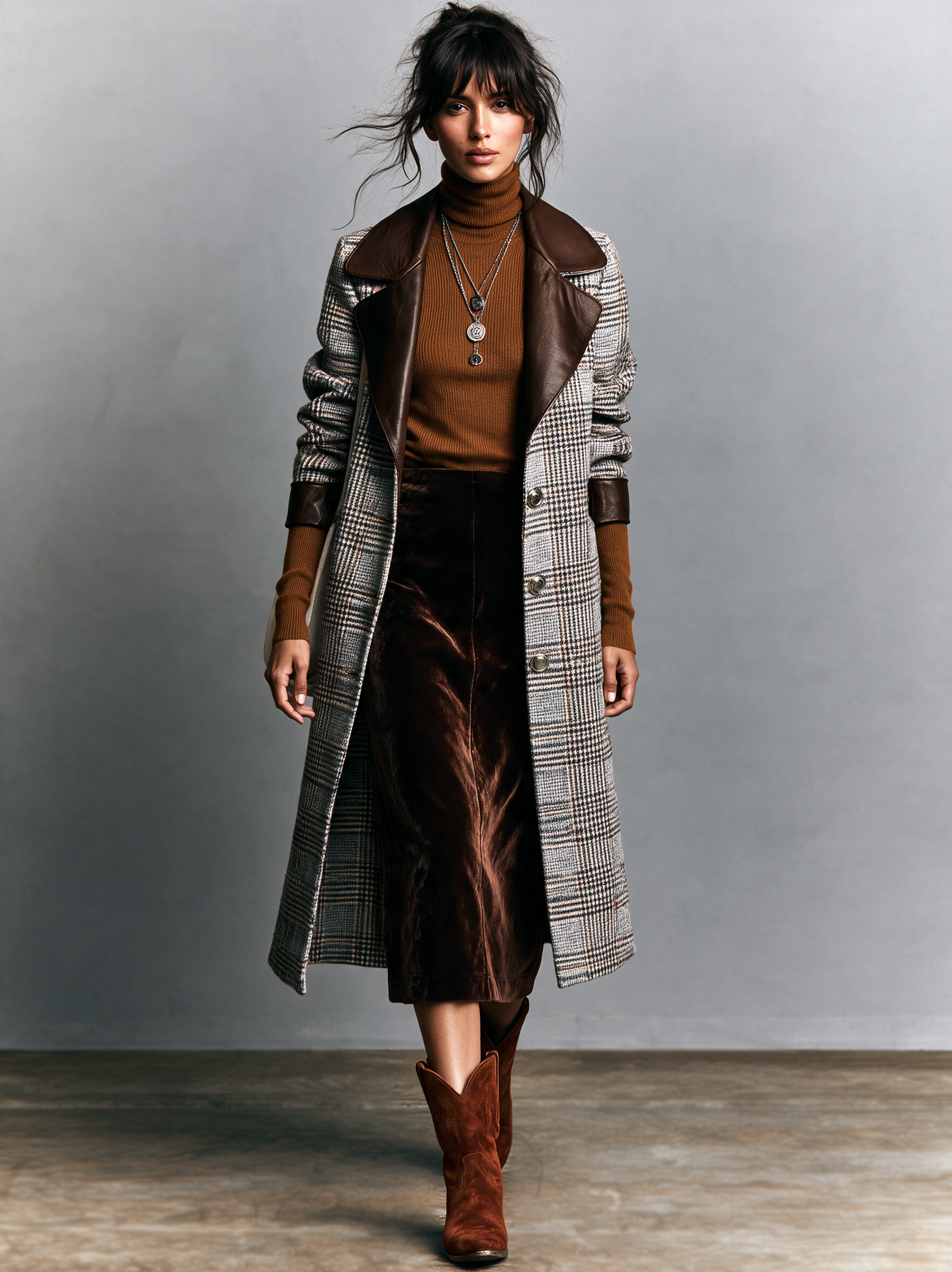 Women's Vintage Plaid Wool-Blend Coat With Leather Trim (Detachable Fur Collar)
