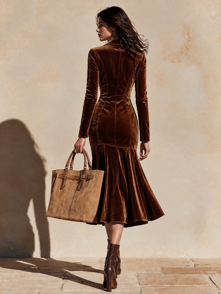 Women's Velvet Long Sleeve Flounce Hem Midi Dress