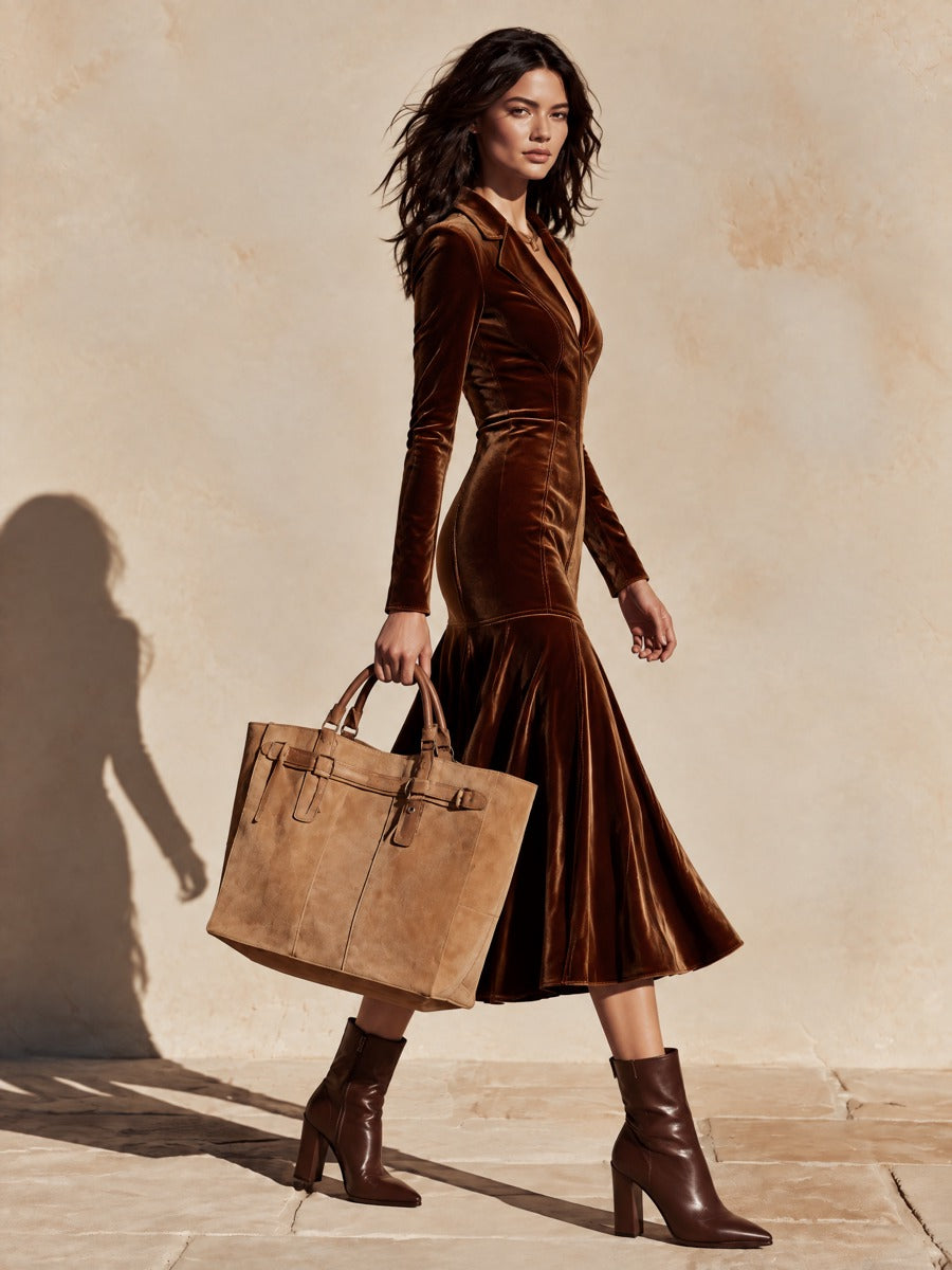Women's Velvet Long Sleeve Flounce Hem Midi Dress