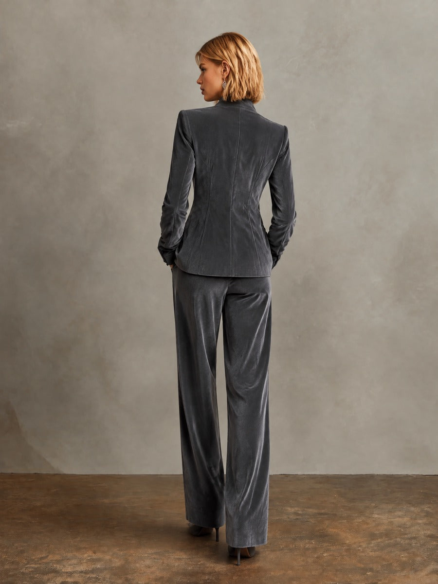 Women's Grey Velvet Two-Piece Set - Zip Front Blazer & Wide Leg Trousers