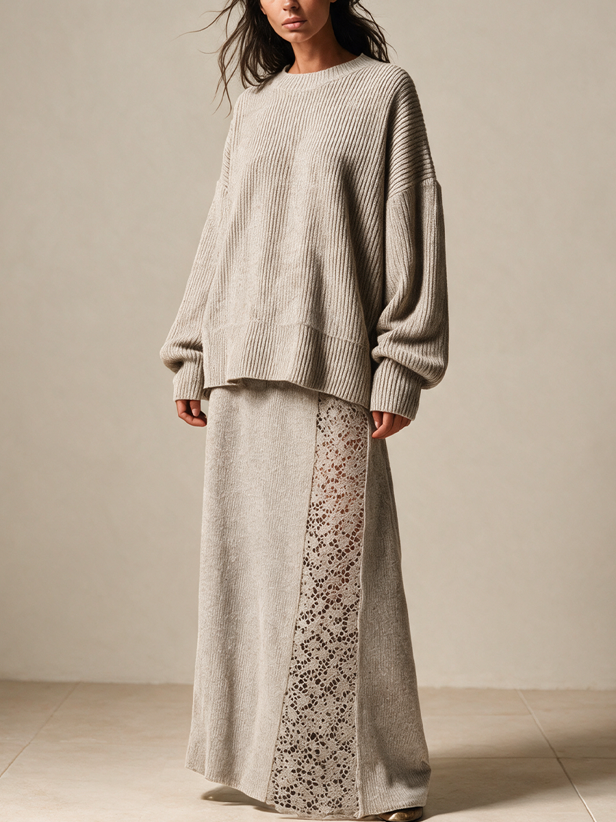 Women's Oversized Rib Knit Sweater & Lace Panel Maxi Skirt Set