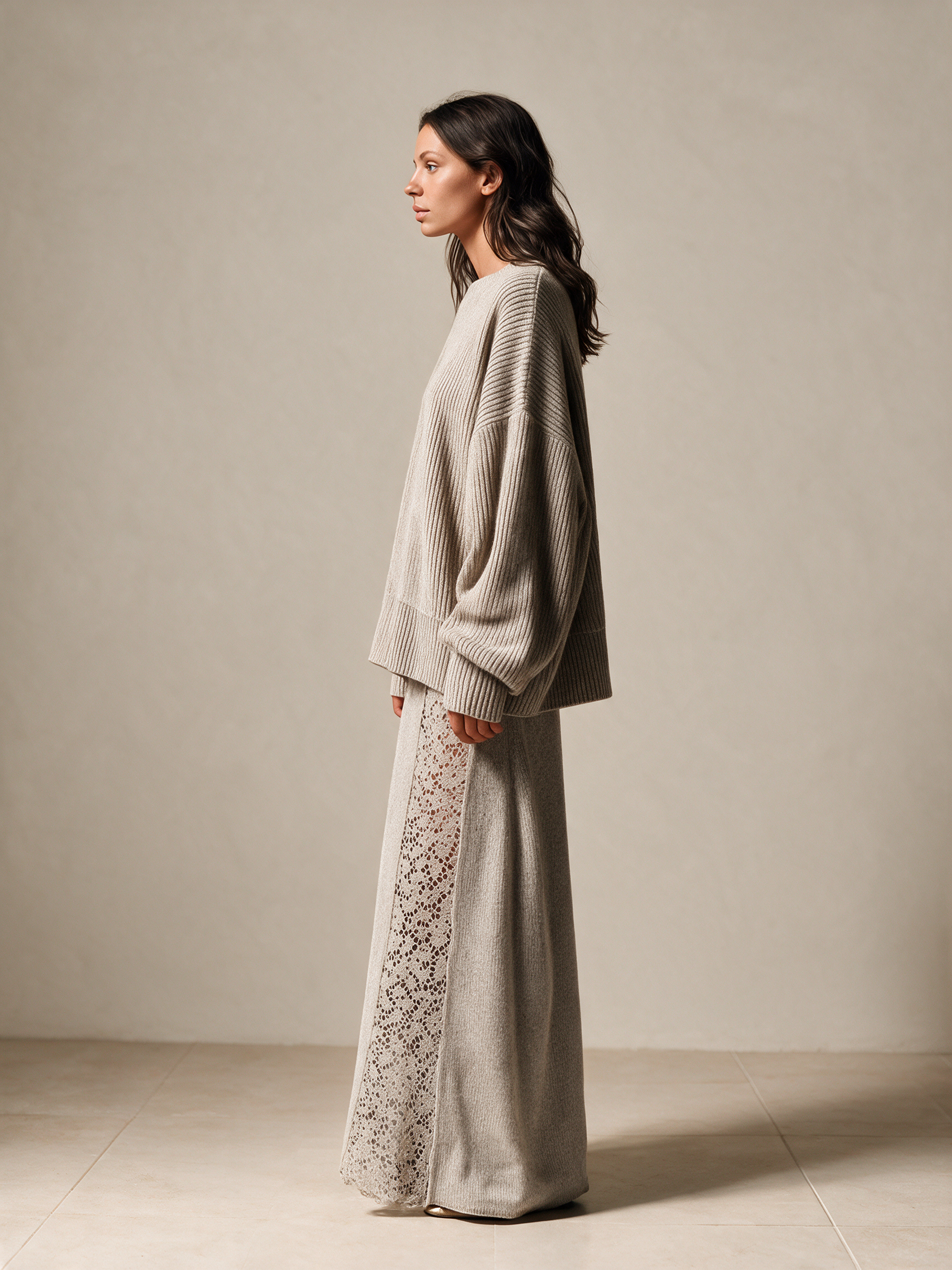 Women's Oversized Rib Knit Sweater & Lace Panel Maxi Skirt Set