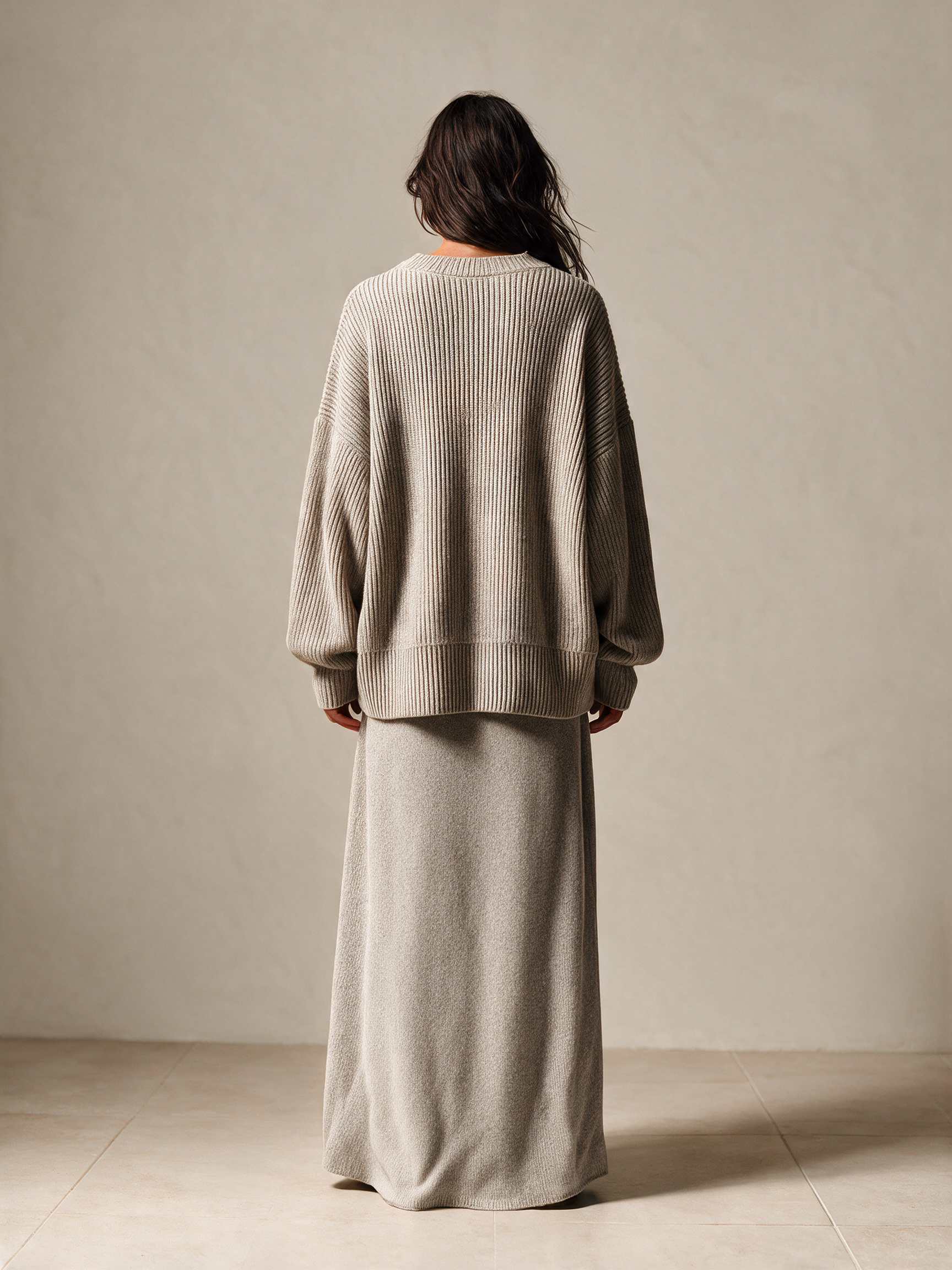 Women's Oversized Rib Knit Sweater & Lace Panel Maxi Skirt Set
