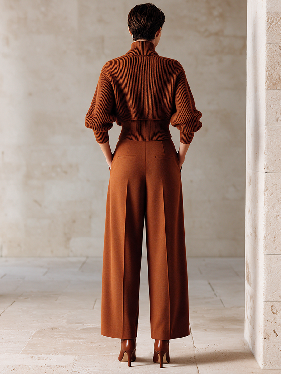 Women's Caramel High-Neck Knit Top & Wide-Leg Trouser Set