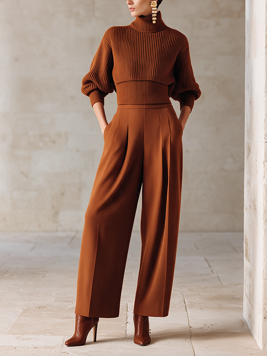 Women's Caramel High-Neck Knit Top & Wide-Leg Trouser Set