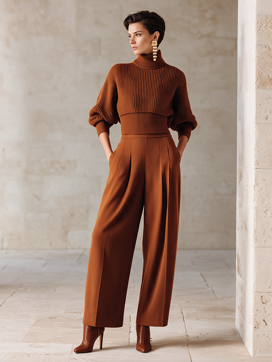 Women's Caramel High-Neck Knit Top & Wide-Leg Trouser Set