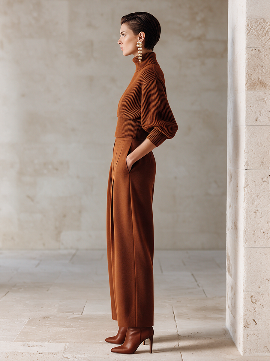 Women's Caramel High-Neck Knit Top & Wide-Leg Trouser Set