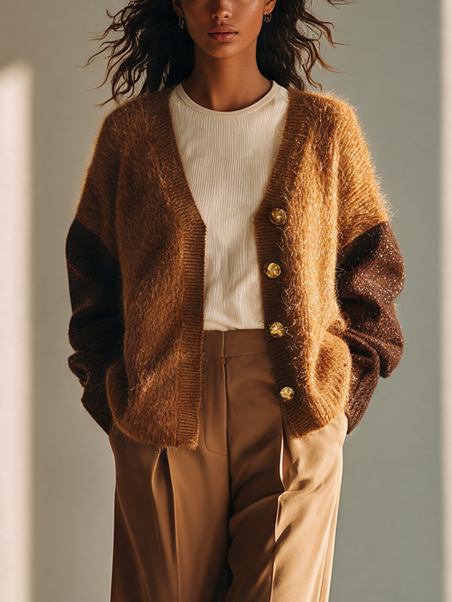 Women's Two-Tone Mohair V-Neck Cardigan With Gold Buttons