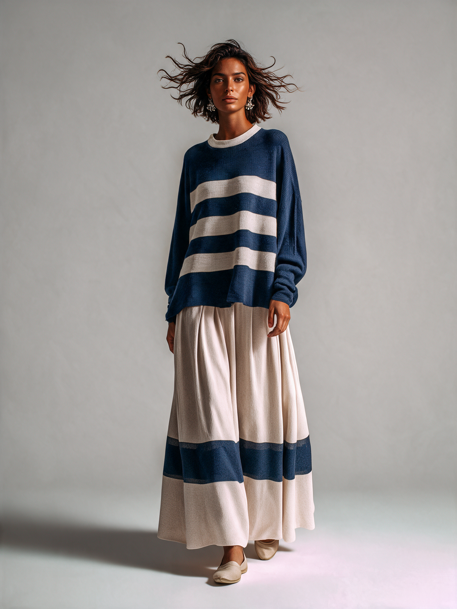 Women's Stripe Knit Top & Pleated Maxi Skirt Set