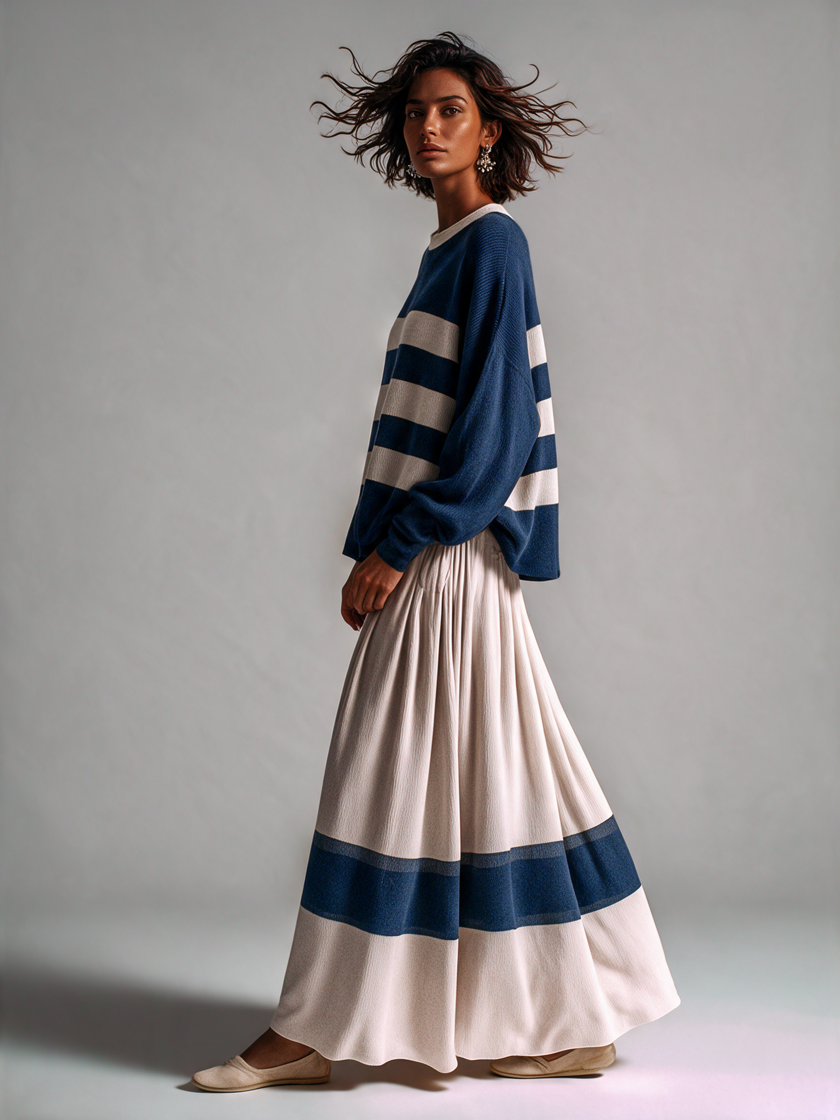 Women's Stripe Knit Top & Pleated Maxi Skirt Set