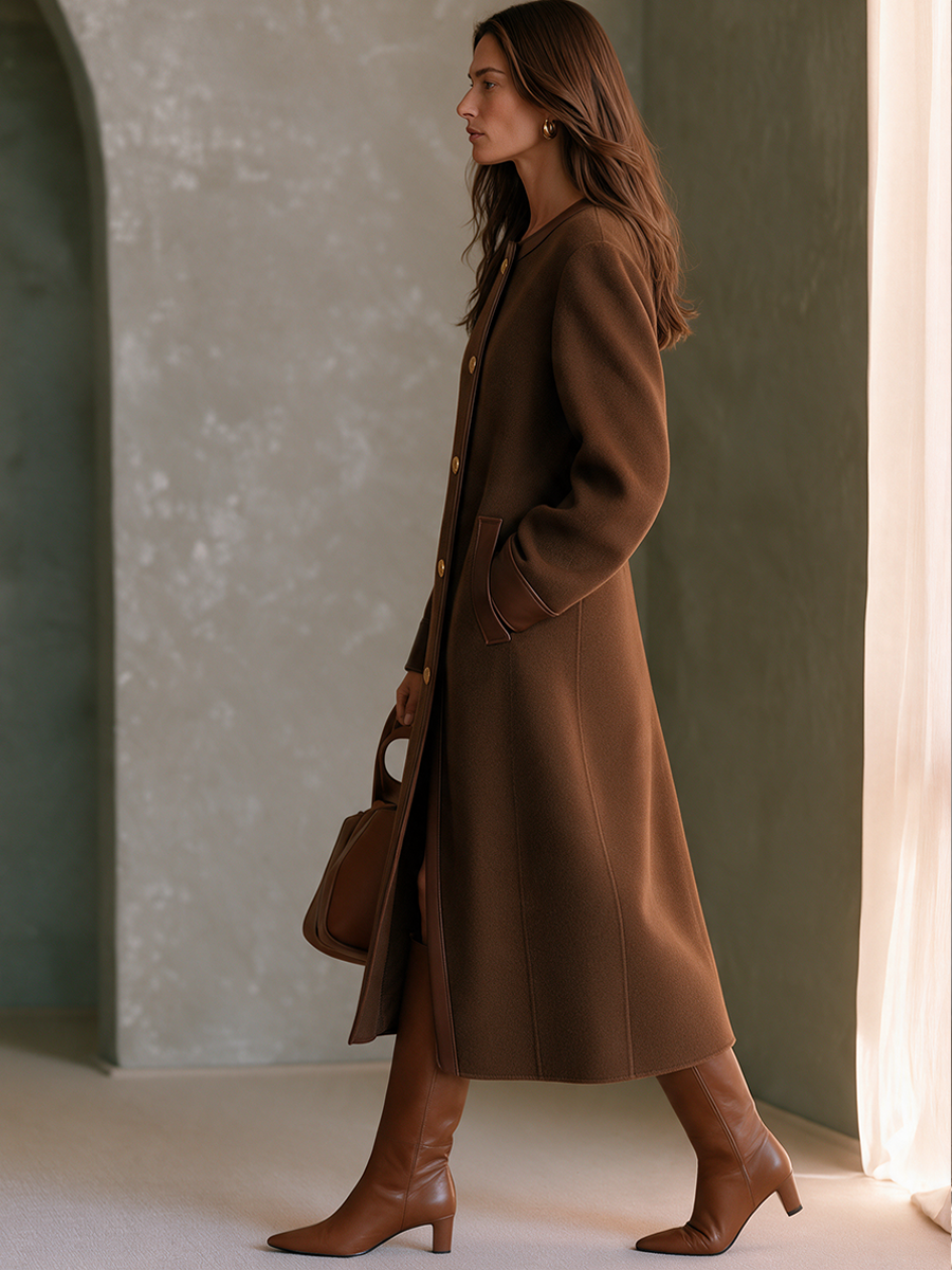 Women's Vintage-Style Long Wool-Blend Coat With Leather Accents