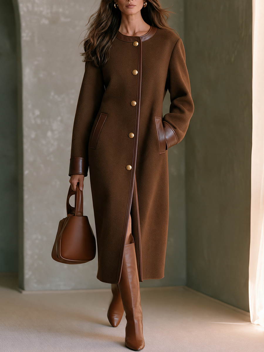 Women's Vintage-Style Long Wool-Blend Coat With Leather Accents