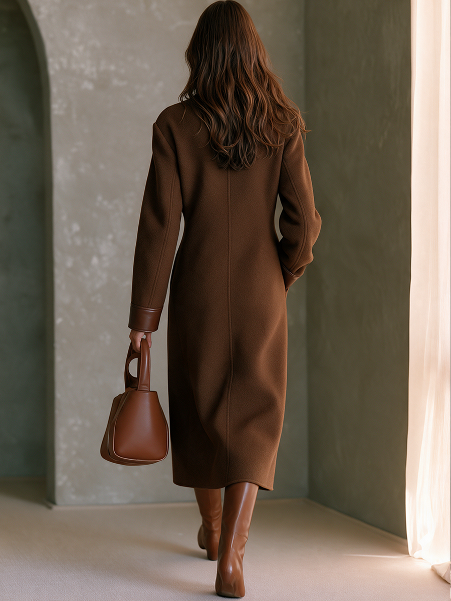 Women's Vintage-Style Long Wool-Blend Coat With Leather Accents