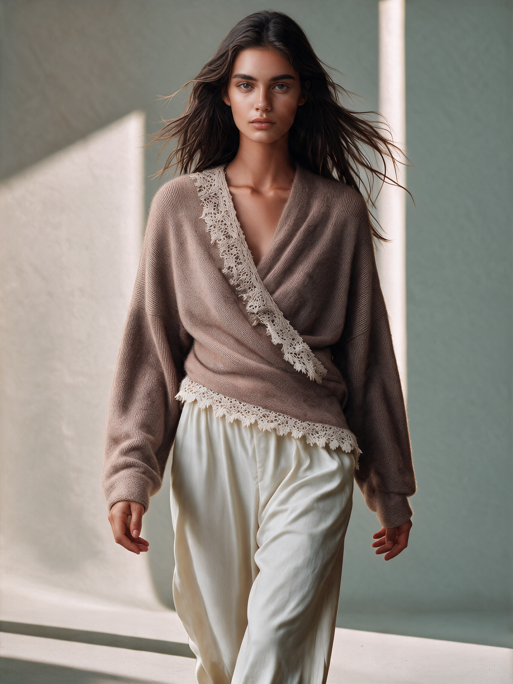 Women's Lace Trim Mohair Wrap Cardigan