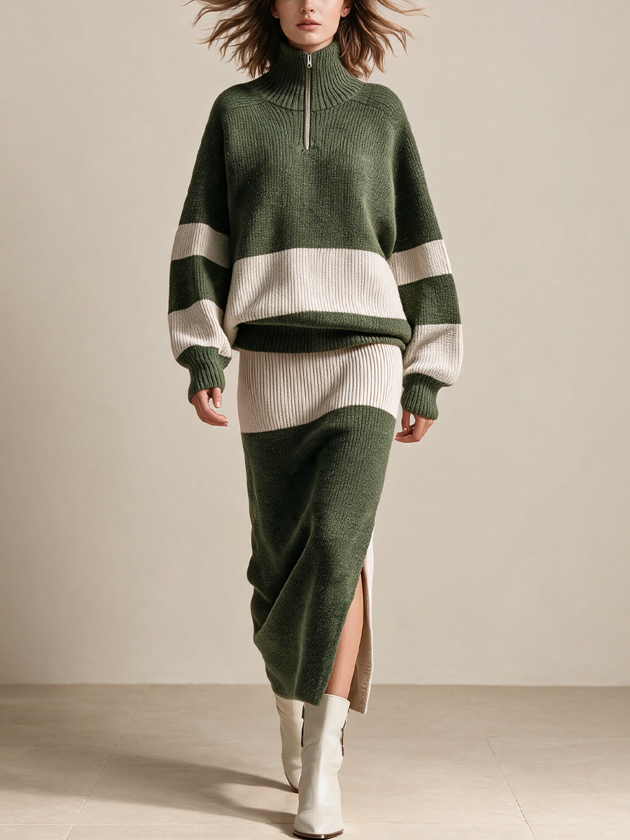 Women's Half Zip Color Block Knit Sweater & Midi Skirt Set