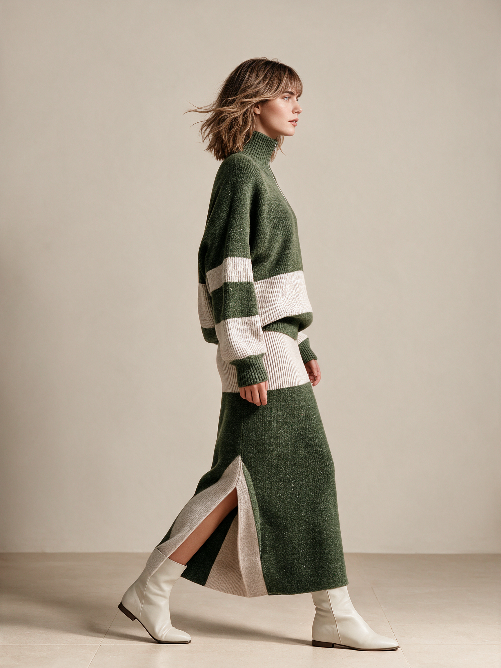 Women's Half Zip Color Block Knit Sweater & Midi Skirt Set