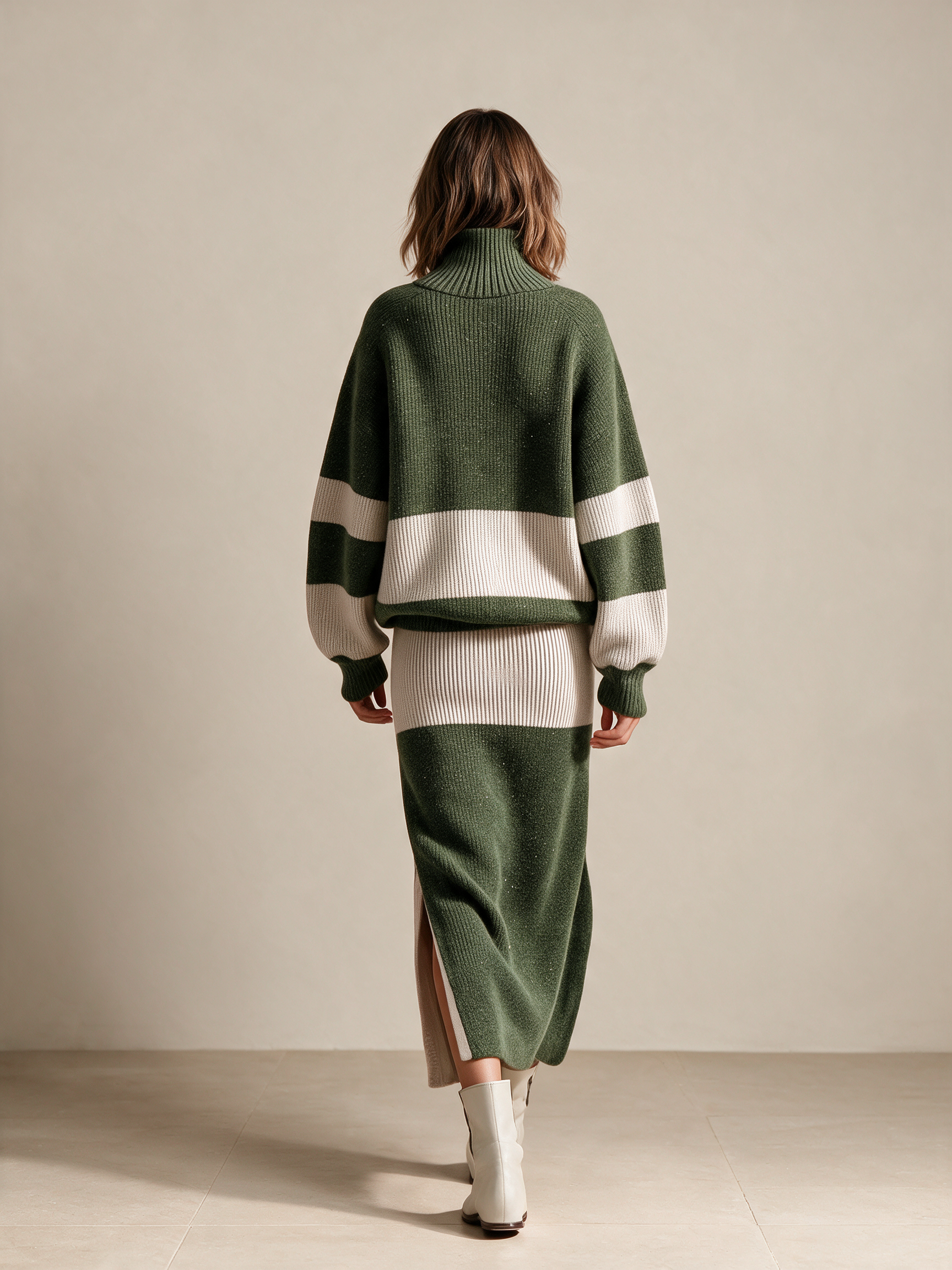 Women's Half Zip Color Block Knit Sweater & Midi Skirt Set