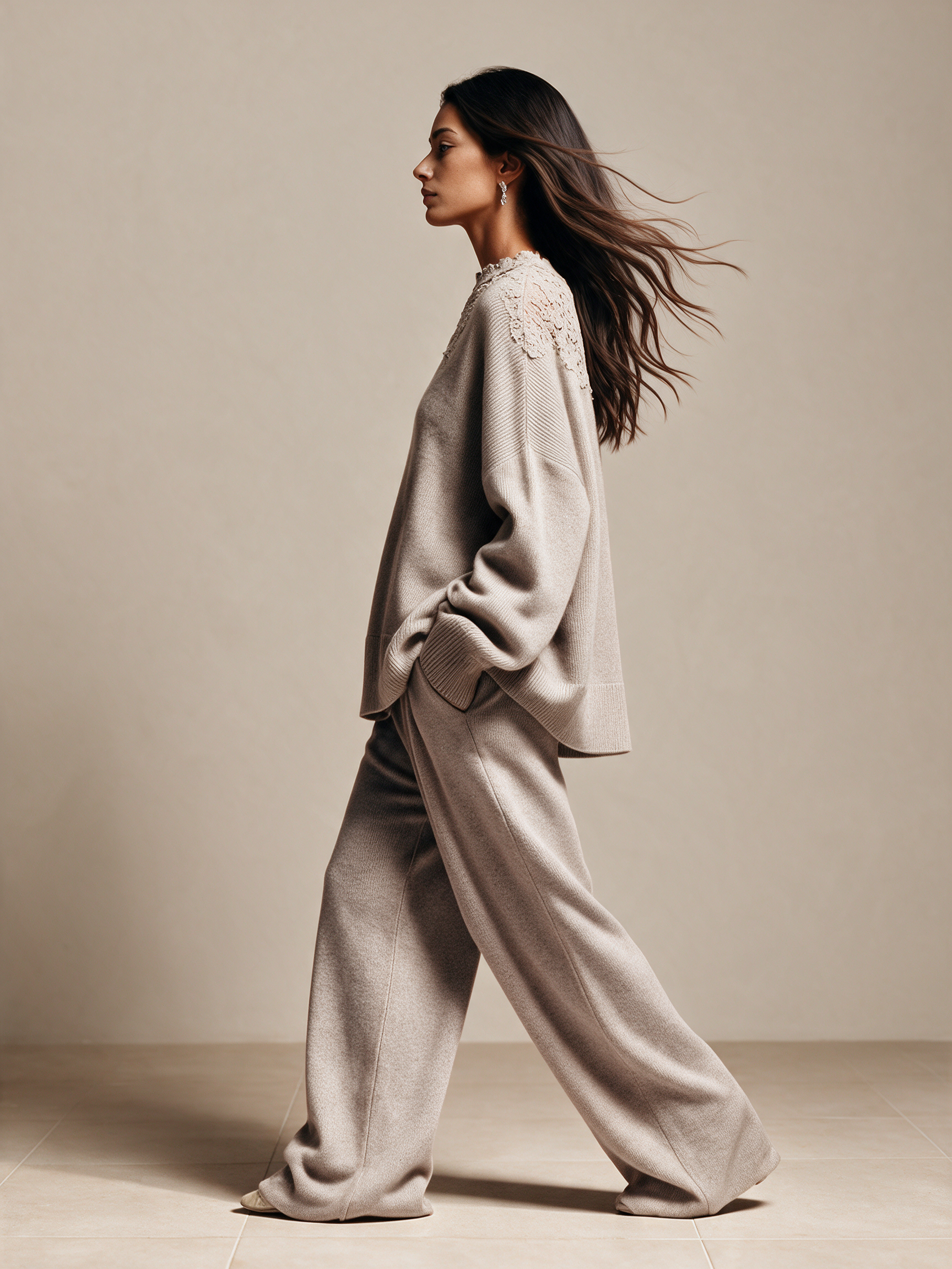 Women's Lace Collar Knit Sweater & Wide Leg Pants Set