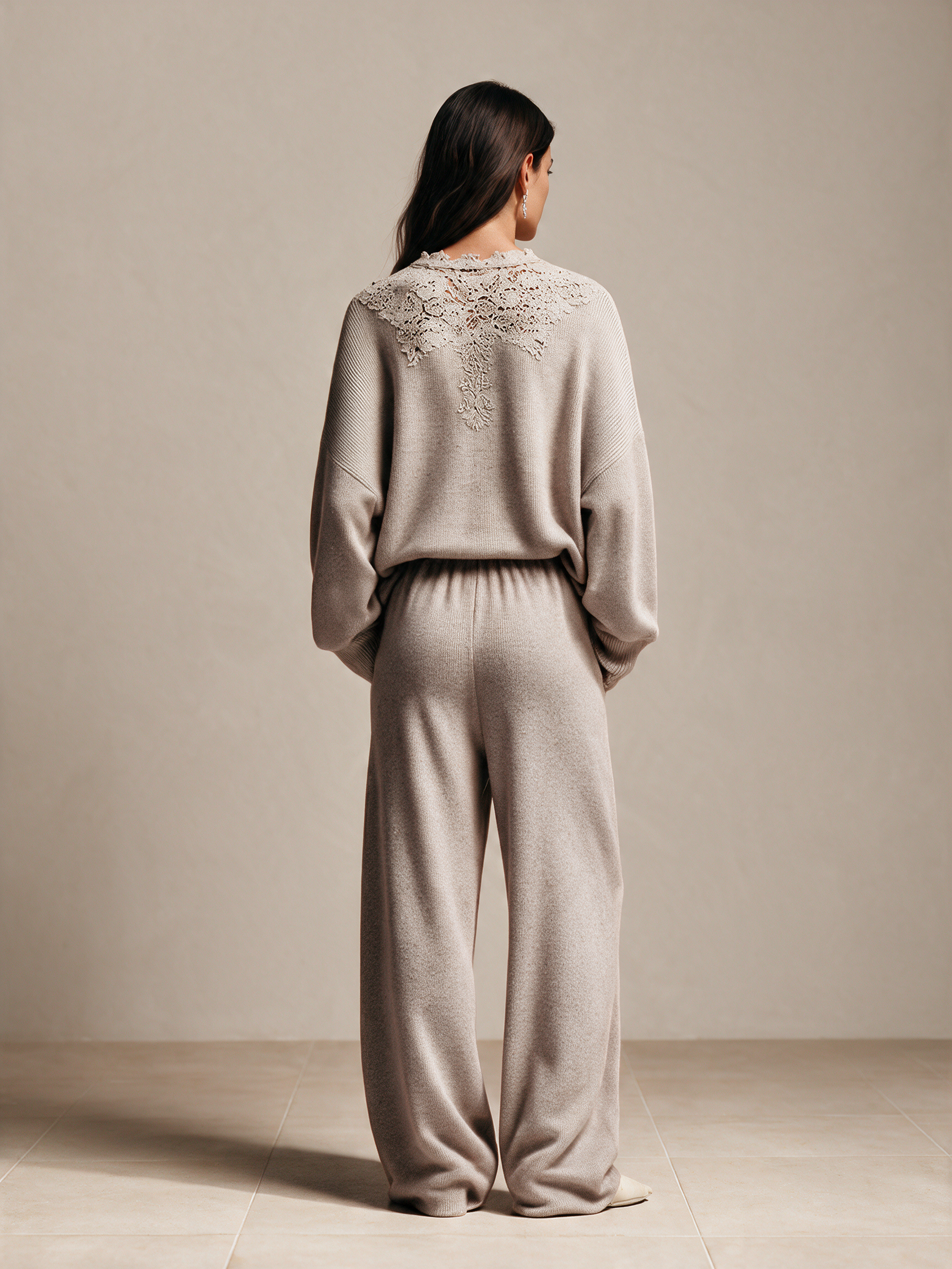 Women's Lace Collar Knit Sweater & Wide Leg Pants Set