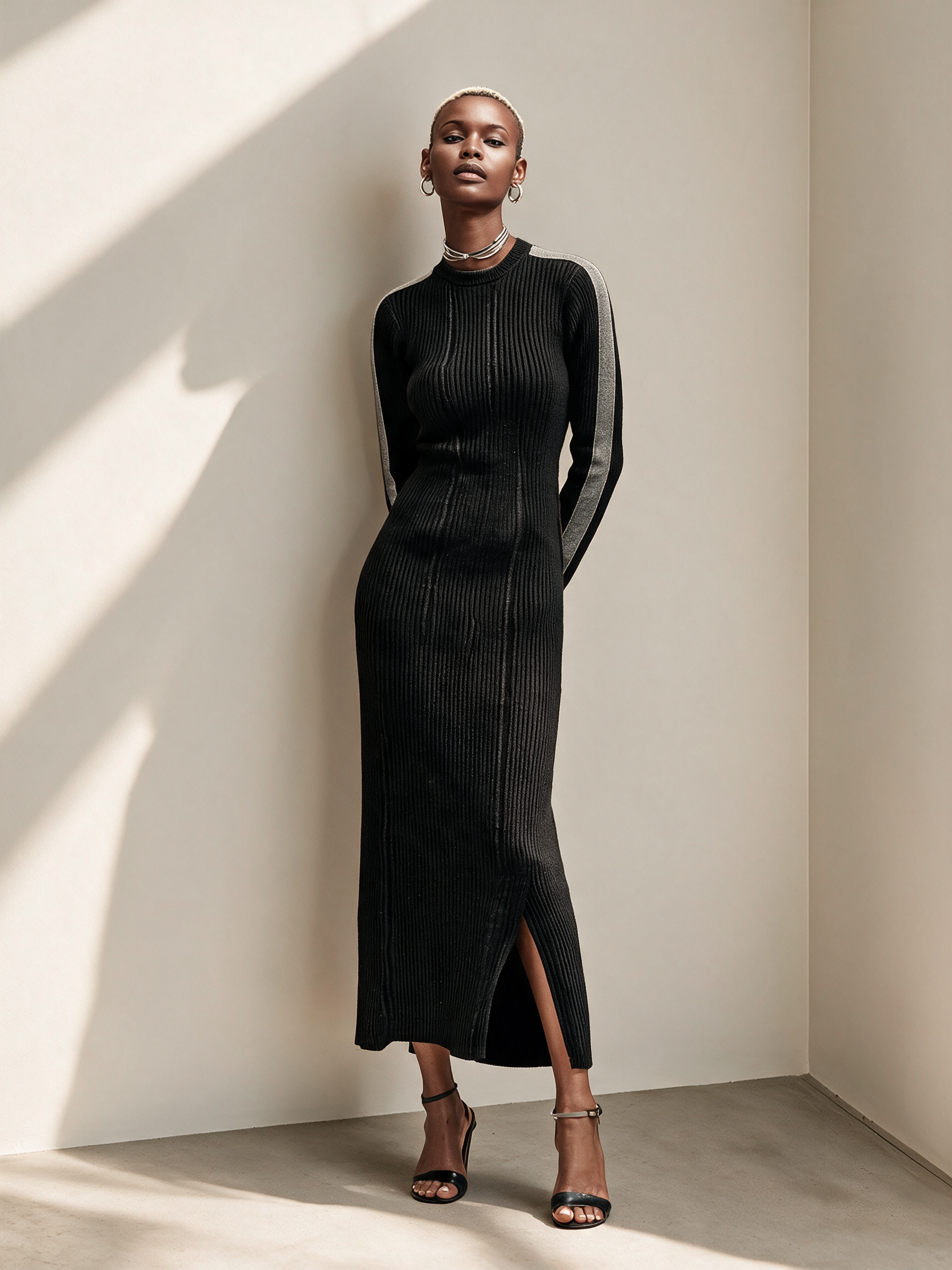 Women's Ribbed Knit Midi Dress With Velvet Sleeve Panel