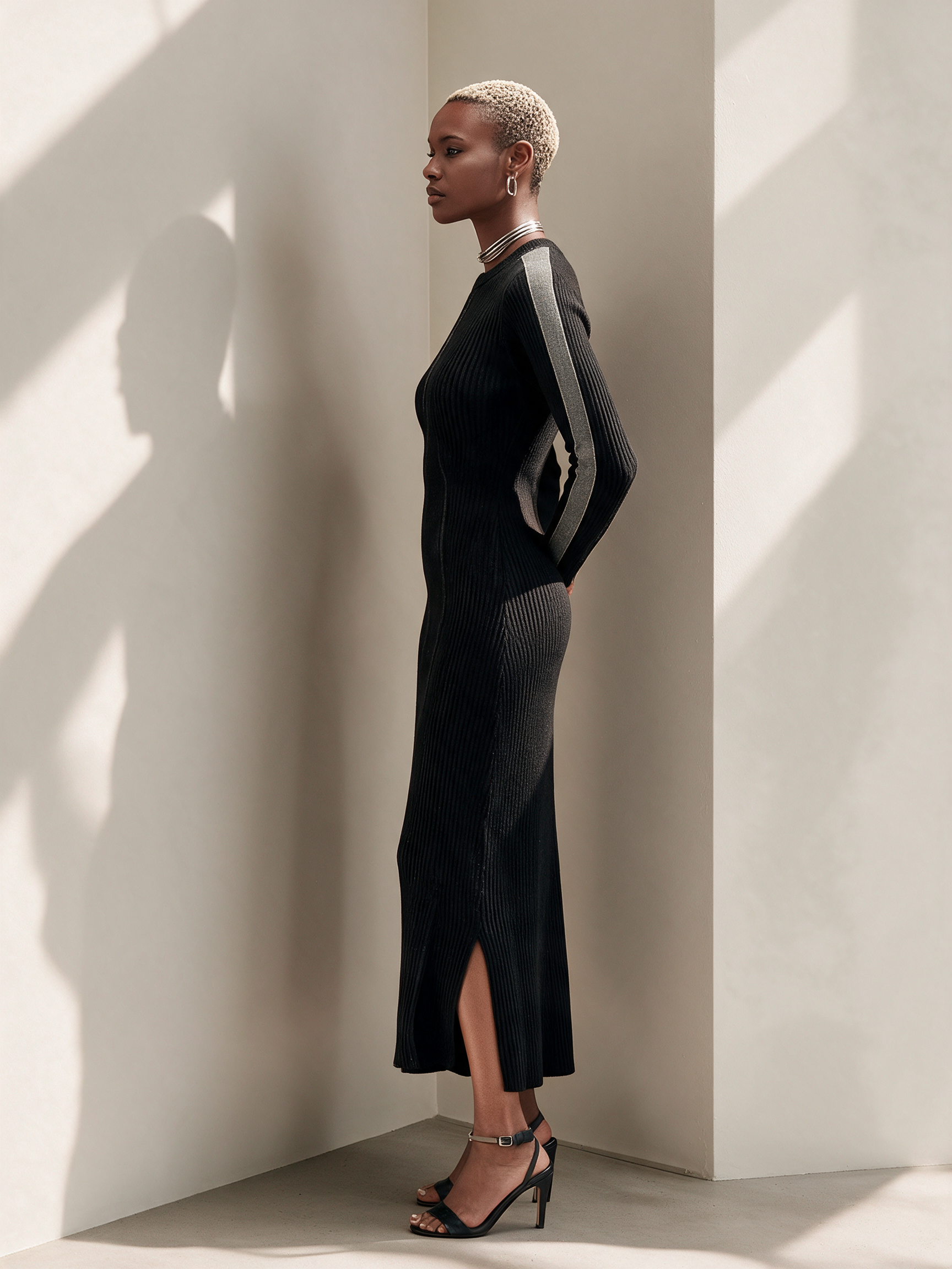 Women's Ribbed Knit Midi Dress With Velvet Sleeve Panel