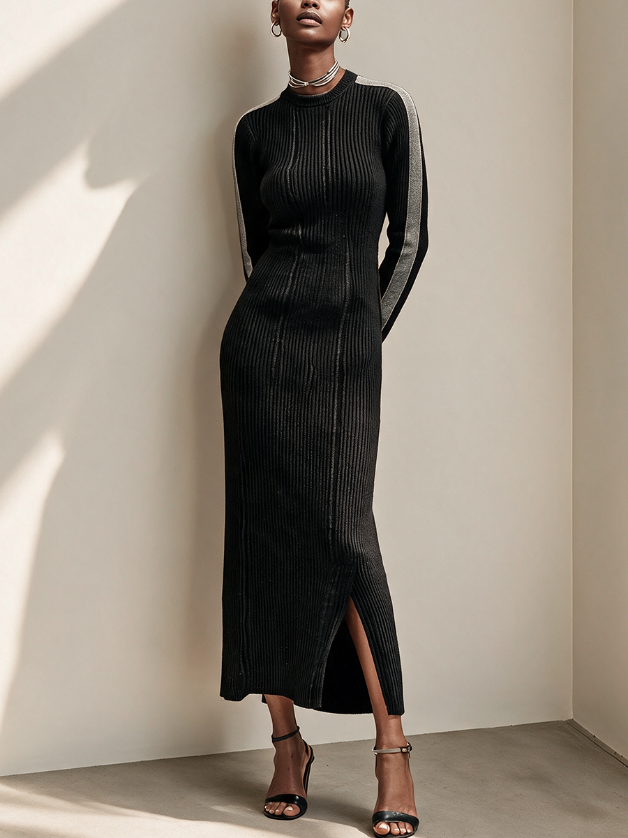 Women's Ribbed Knit Midi Dress With Velvet Sleeve Panel