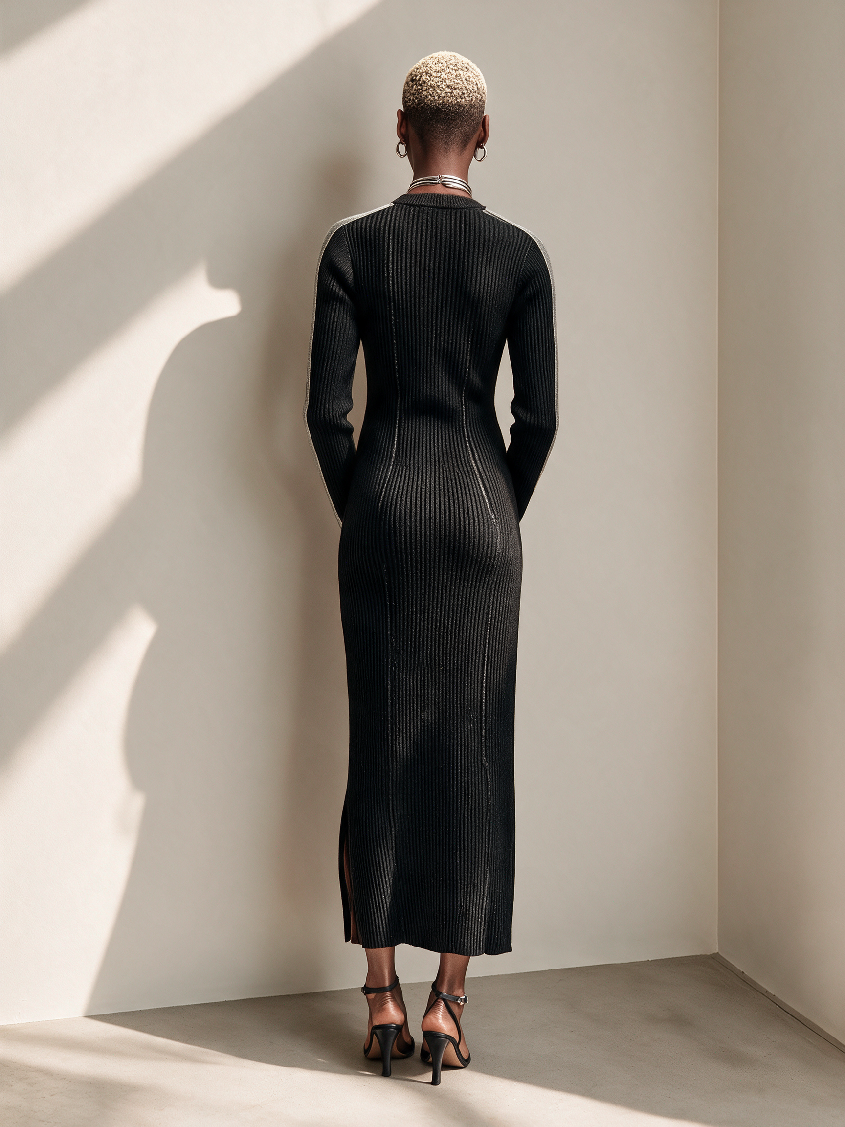 Women's Ribbed Knit Midi Dress With Velvet Sleeve Panel