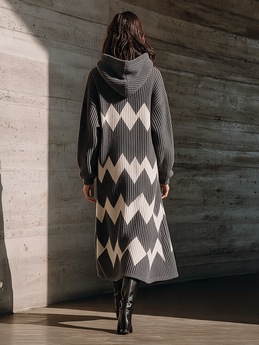 Women's Casual Contrast Wave Pattern Hooded Wool Midi Dress