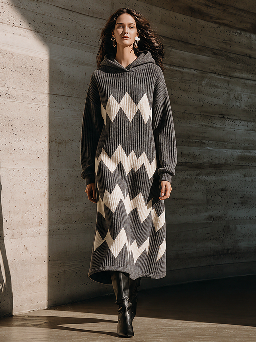 Women's Casual Contrast Wave Pattern Hooded Wool Midi Dress