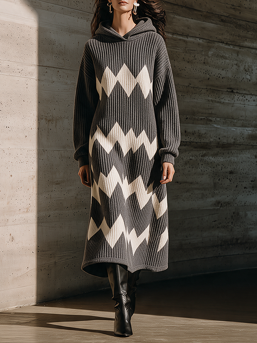 Women's Casual Contrast Wave Pattern Hooded Wool Midi Dress