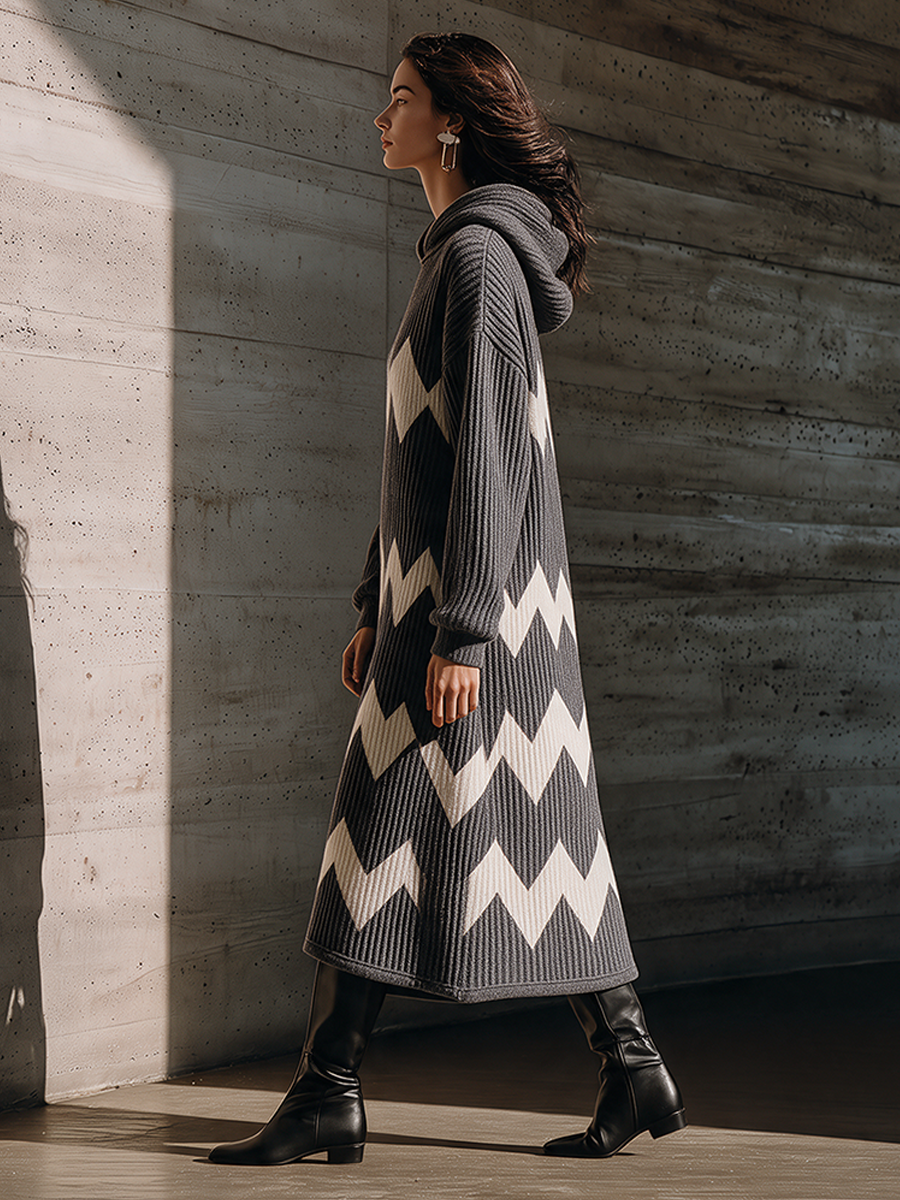Women's Casual Contrast Wave Pattern Hooded Wool Midi Dress