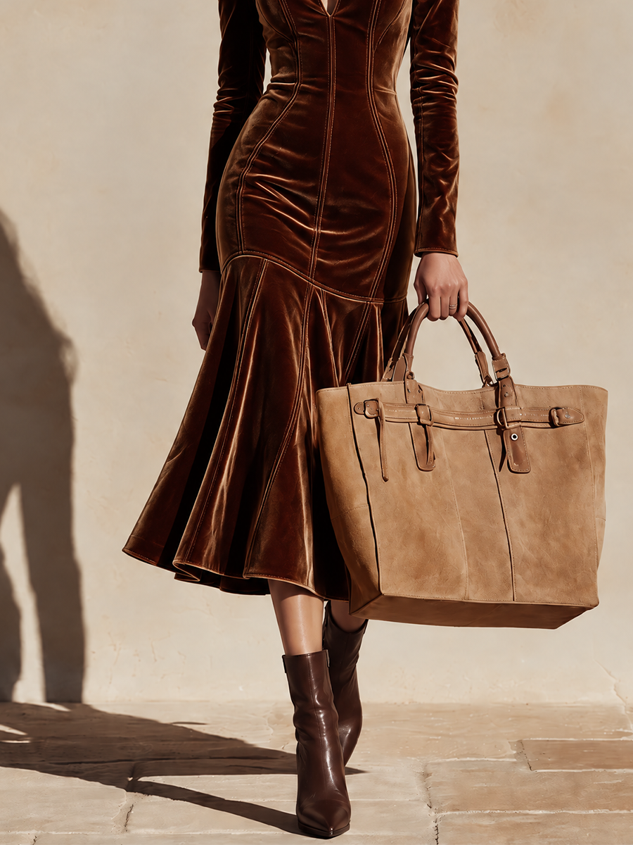 Women's Velvet Long Sleeve Flounce Hem Midi Dress