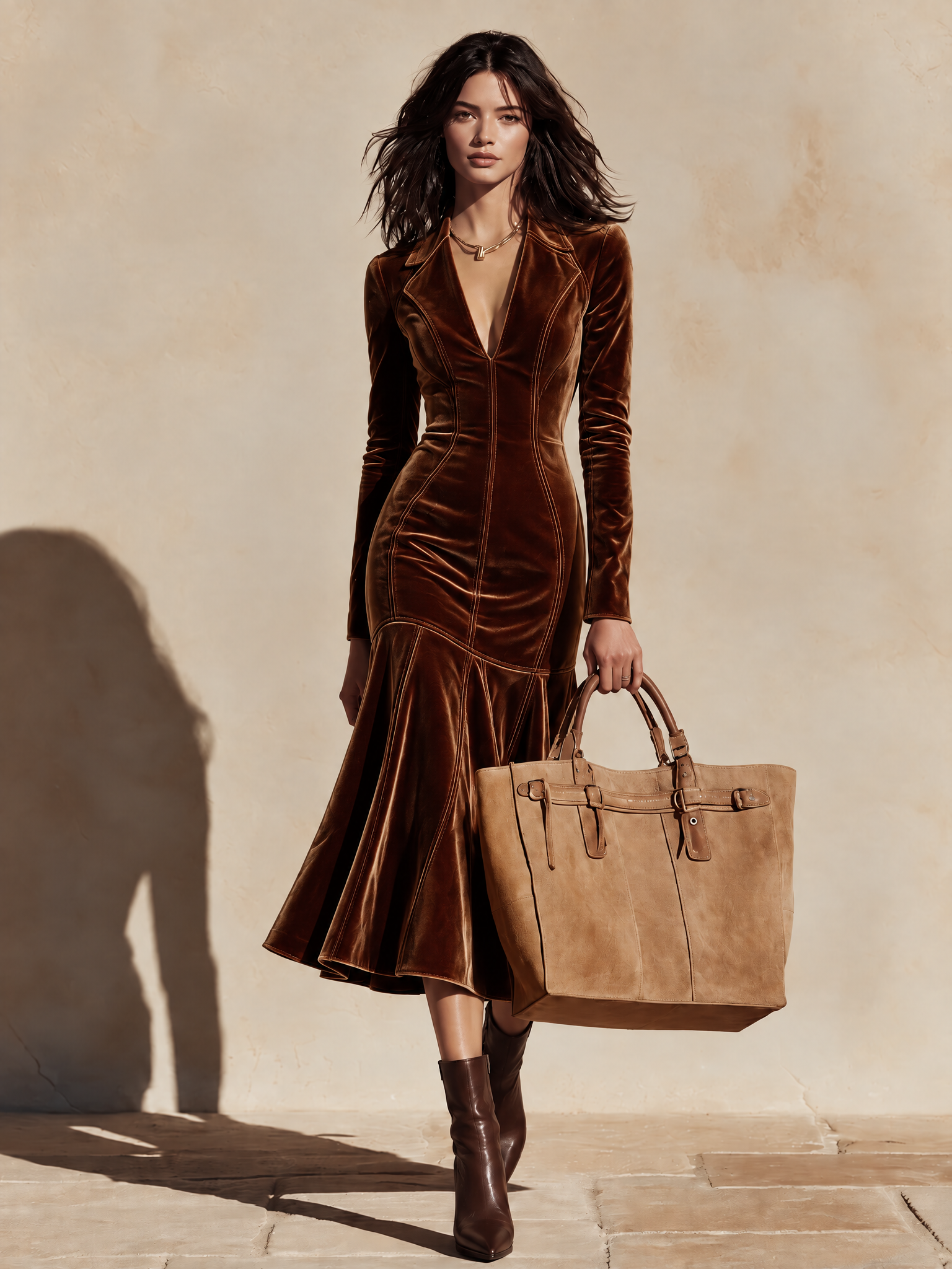 Women's Velvet Long Sleeve Flounce Hem Midi Dress