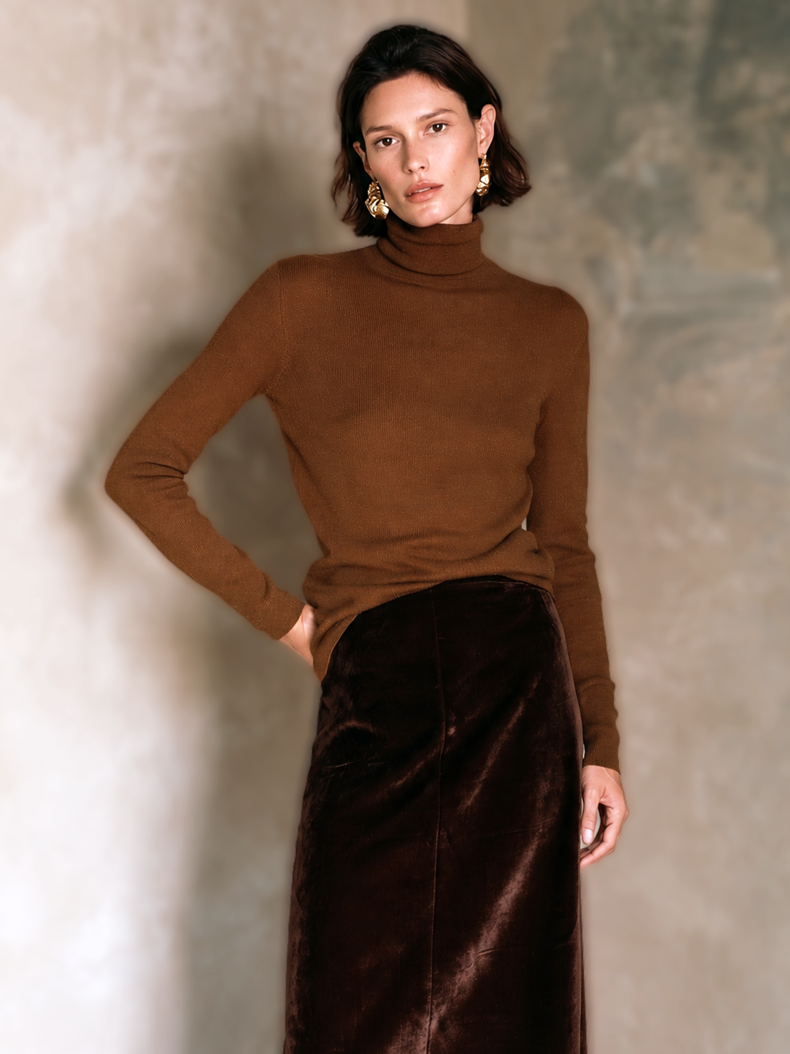Women's Vintage Turtleneck Sweater And Velvet Skirt Set
