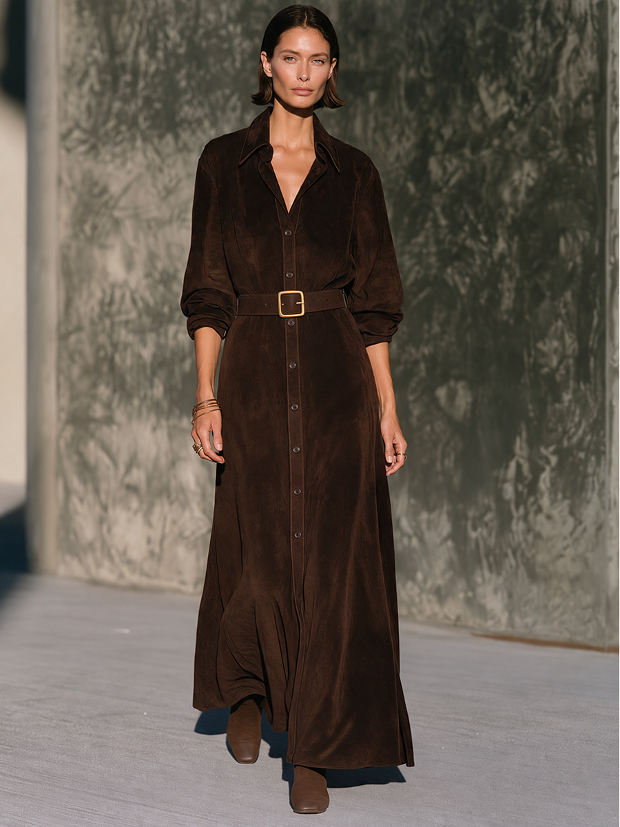 Women's Vintage Brown Faux Suede Shirt-Style Maxi Dress