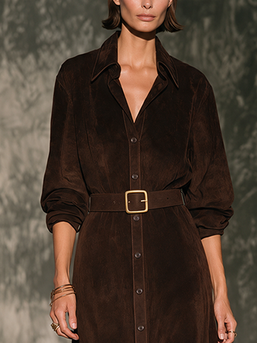Women's Vintage Brown Faux Suede Shirt-Style Maxi Dress