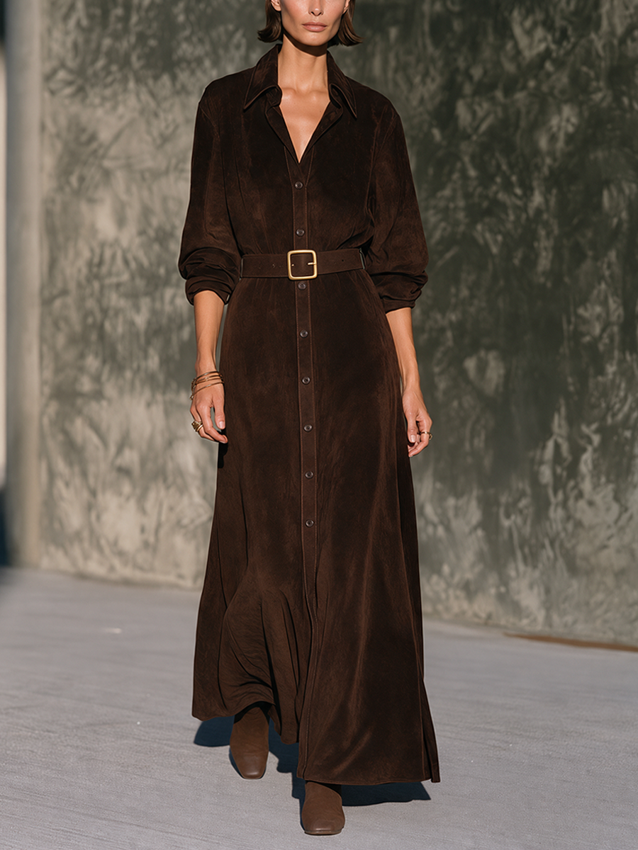 Women's Vintage Brown Faux Suede Shirt-Style Maxi Dress