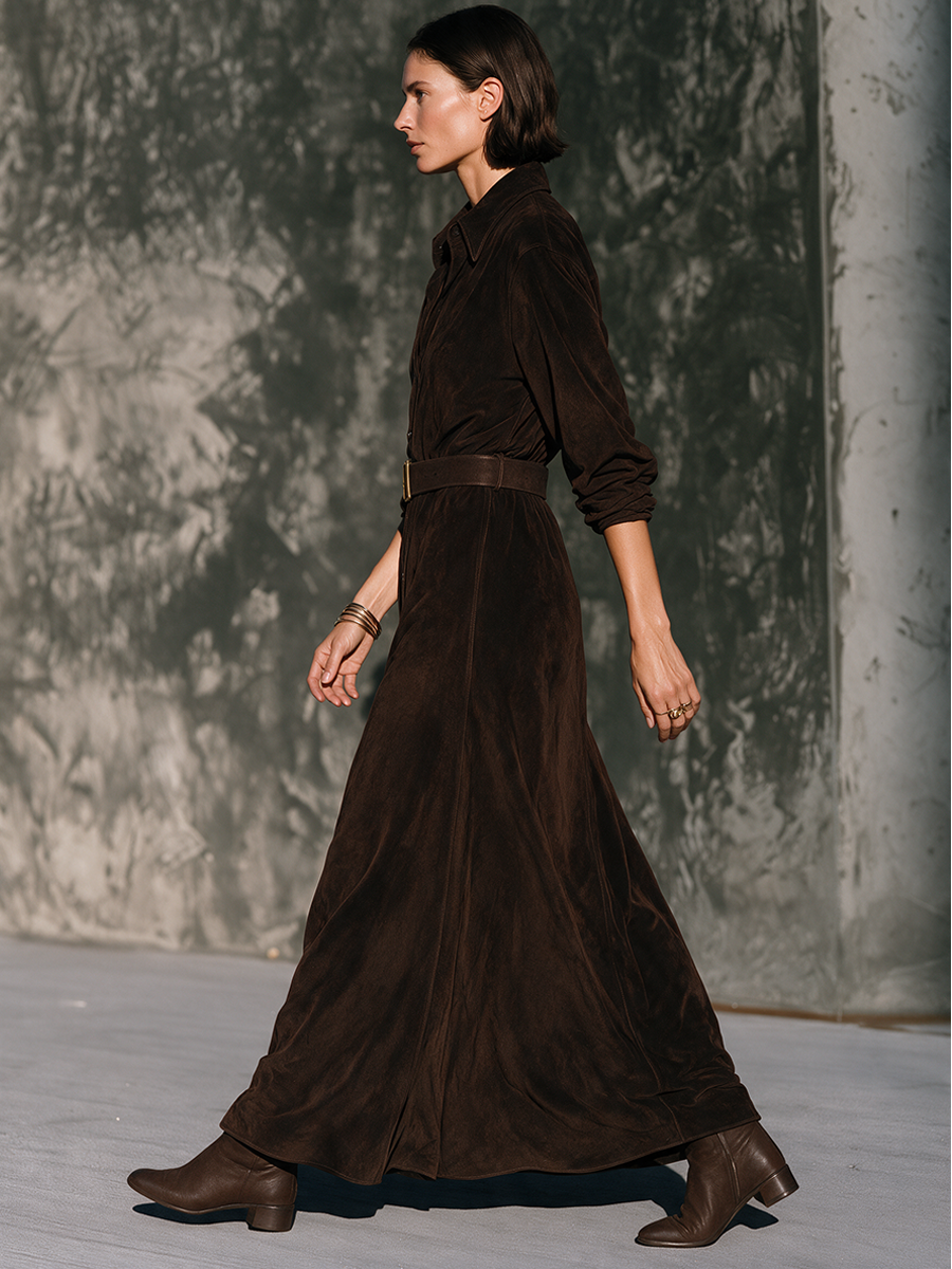 Women's Vintage Brown Faux Suede Shirt-Style Maxi Dress
