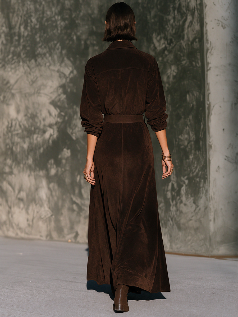 Women's Vintage Brown Faux Suede Shirt-Style Maxi Dress
