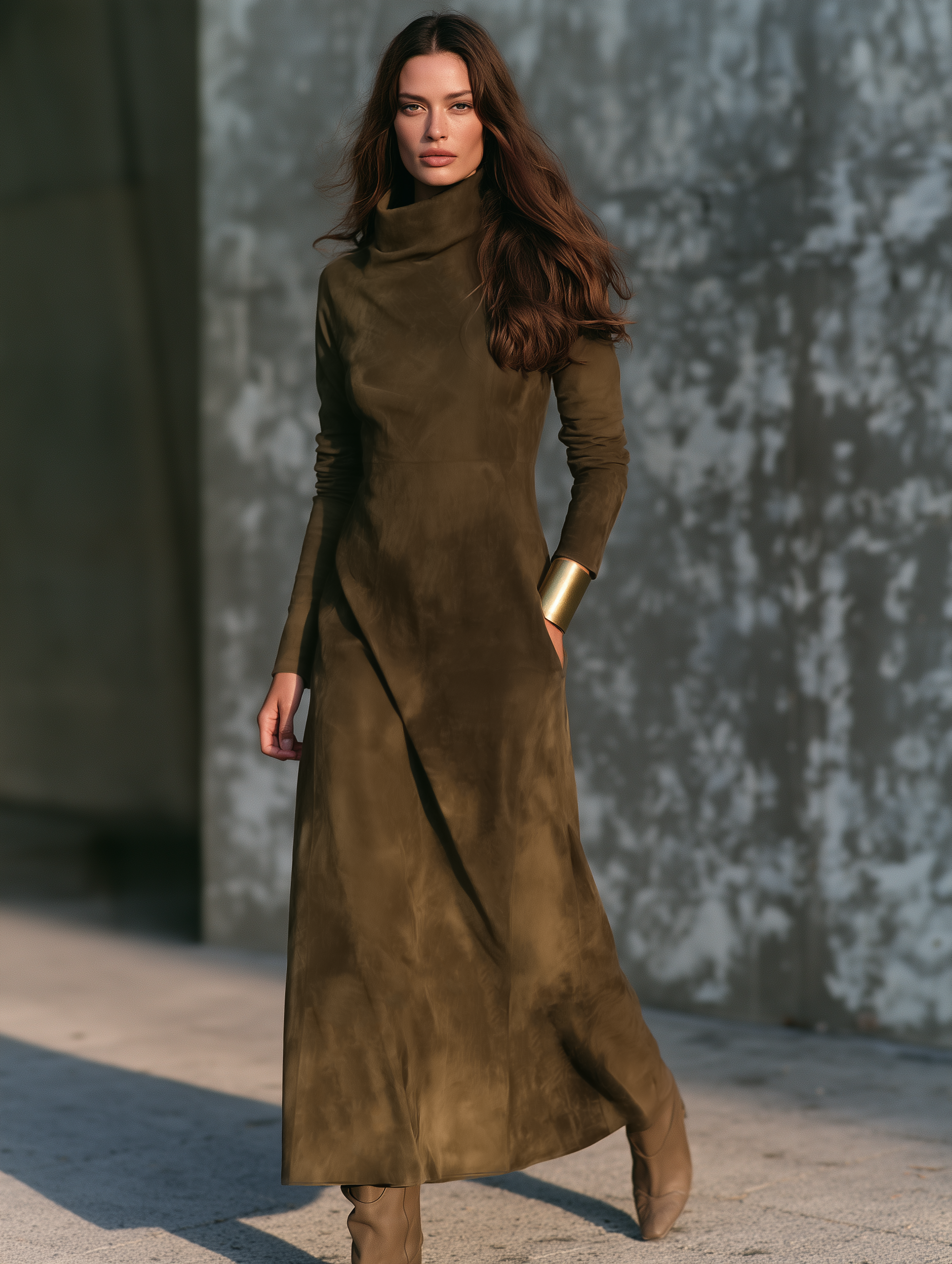 Women's Vintage-style Suede Funnel-neck Maxi Dress