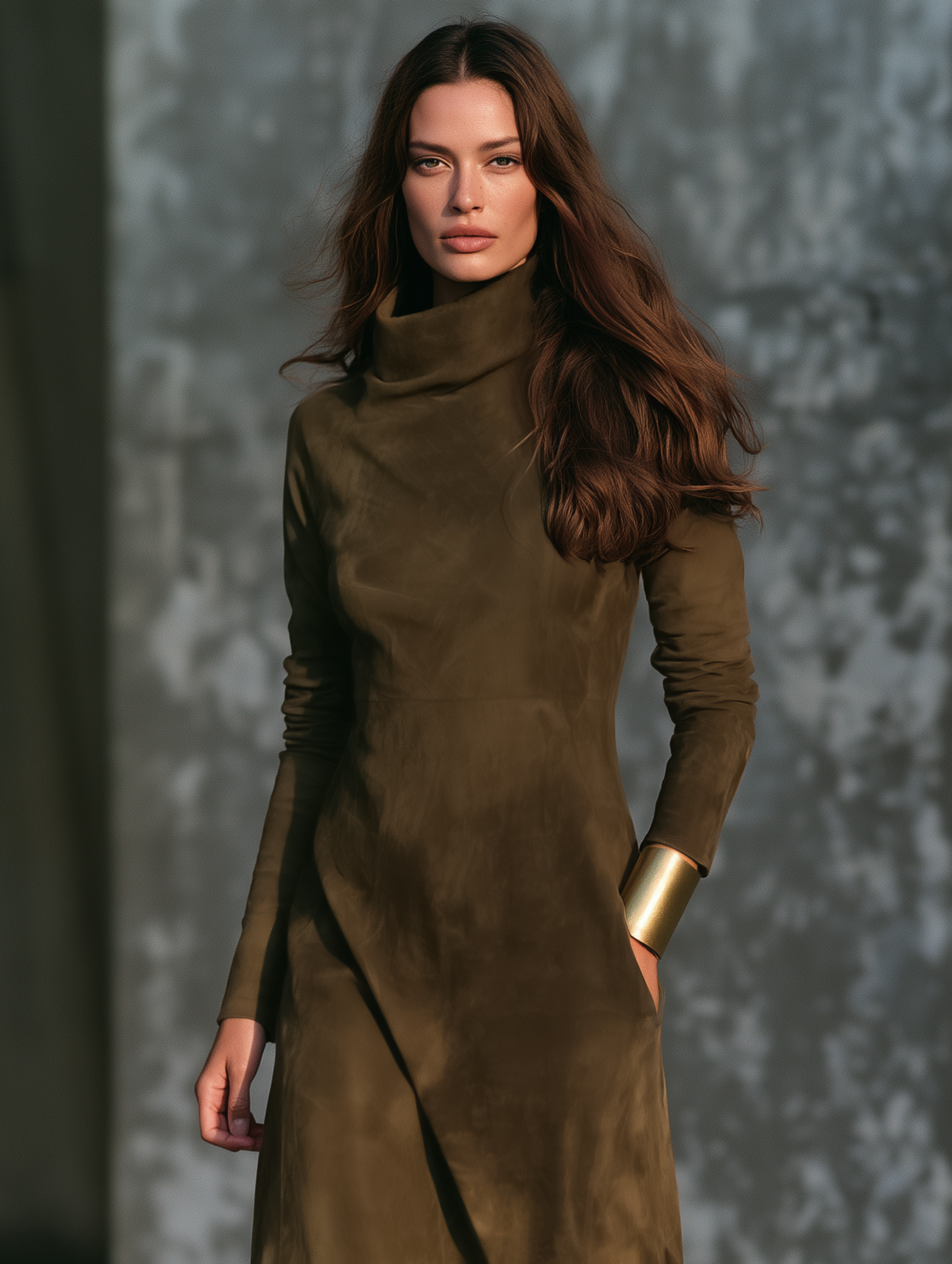 Women's Vintage-style Suede Funnel-neck Maxi Dress