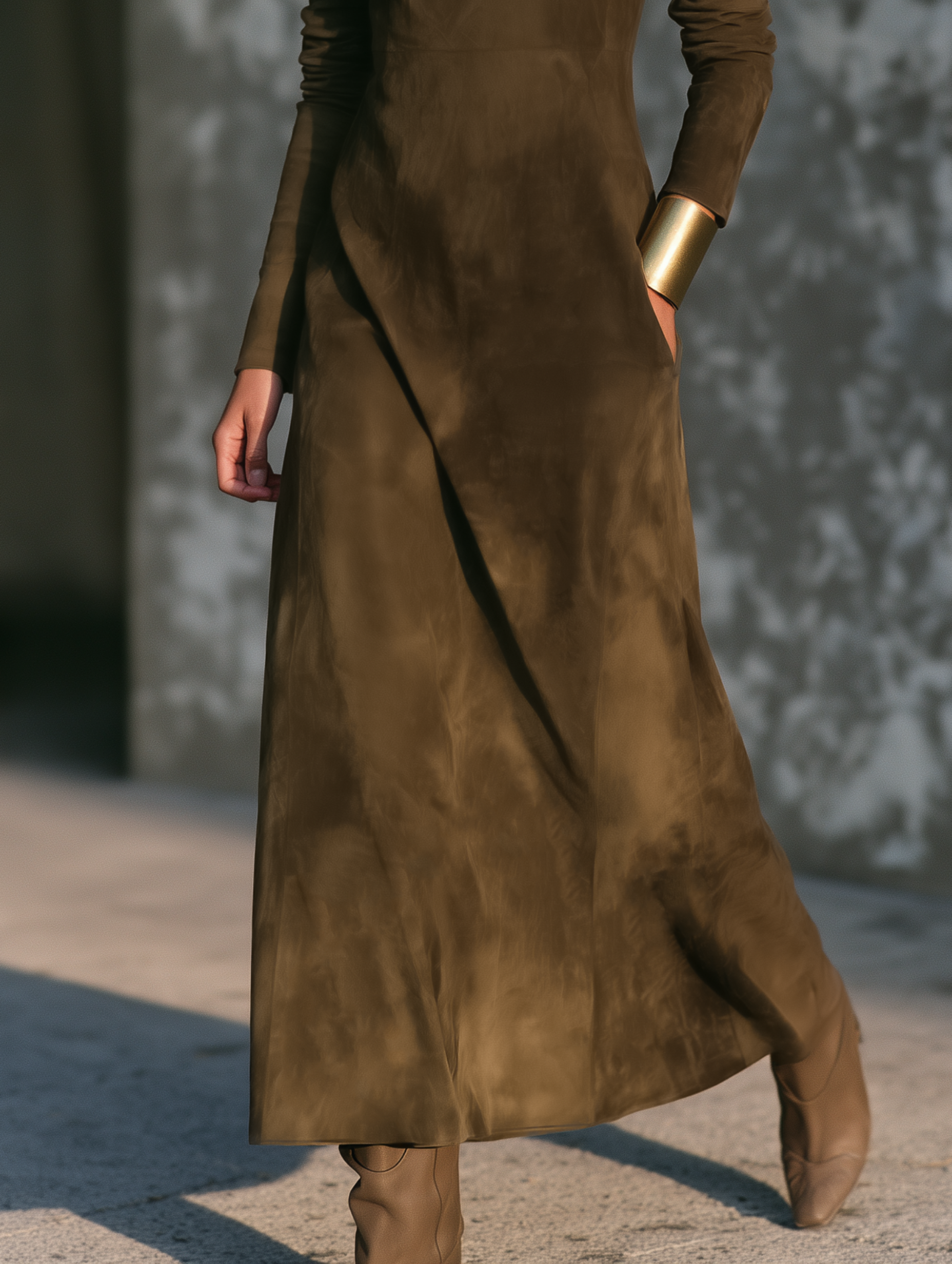 Women's Vintage-style Suede Funnel-neck Maxi Dress