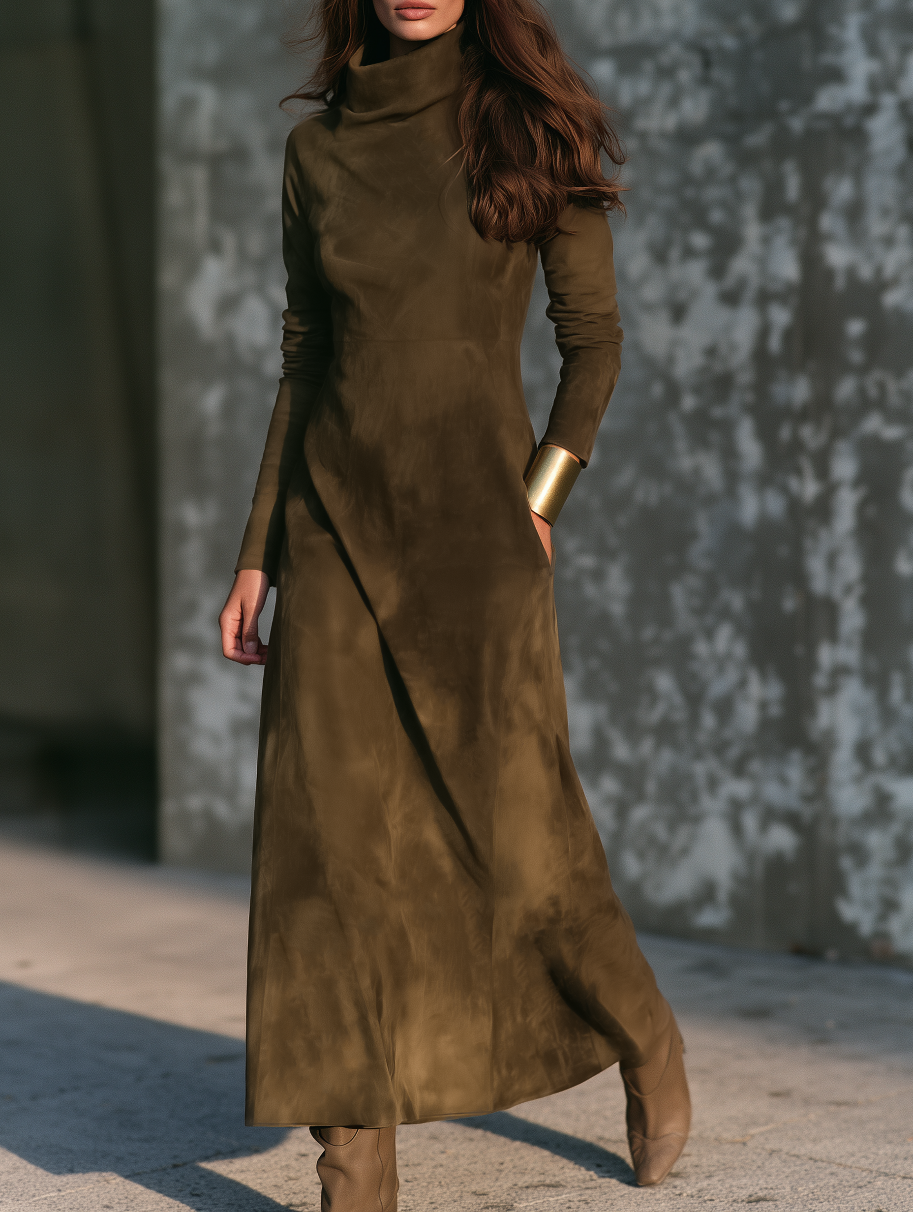 Women's Vintage-style Suede Funnel-neck Maxi Dress